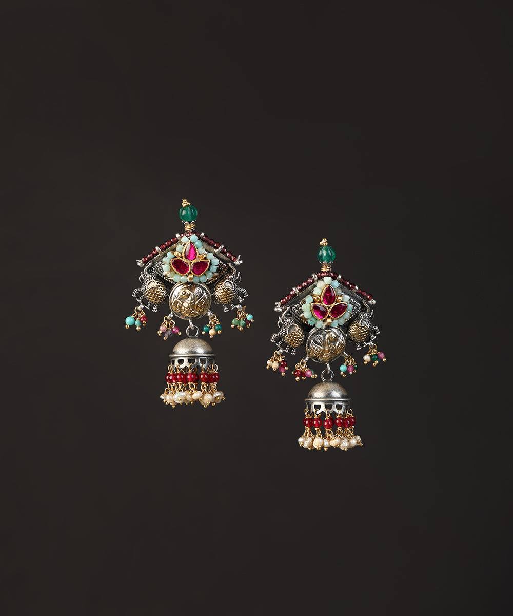 Shlok_Handcrafted_Oxidised_Pure_Silver_Kundan_Earrings_With_Pearl_Hangings_WeaverStory_02