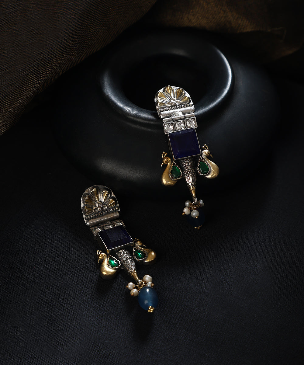 Soham_Handcrafted_Oxidised_Pure_Silver_Kundan_Earrings_With_Peacock_Motifs_WeaverStory_01
