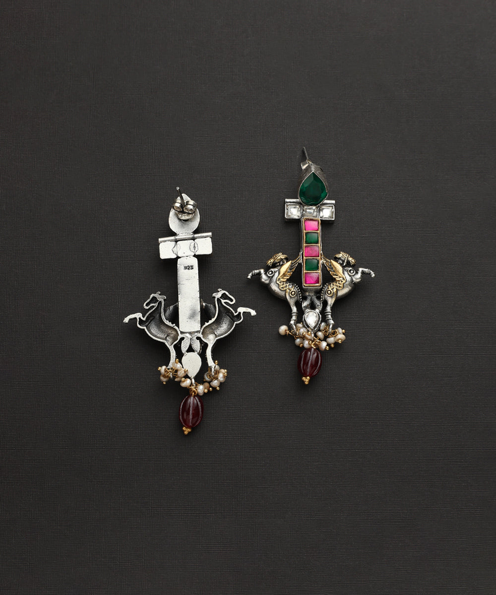 Reva_Handcrafted_Oxidised_Pure_Silver_Kundan_Earrings_With_Horse_Motif_WeaverStory_03