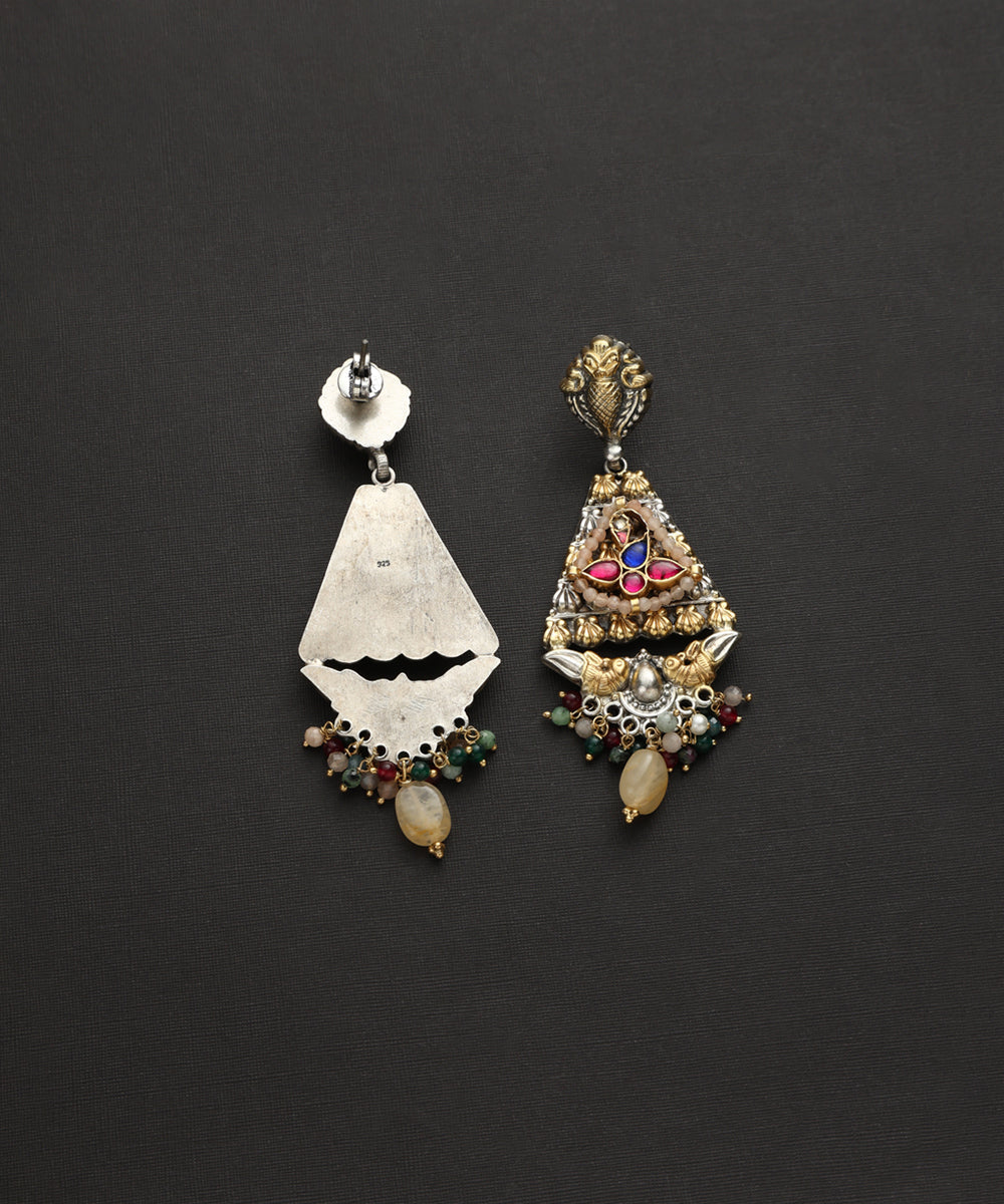 Tarik_Handcrafted_Oxidised_Pure_Silver_Kundan_Earrings_With_Multicolor_Pearls_WeaverStory_03