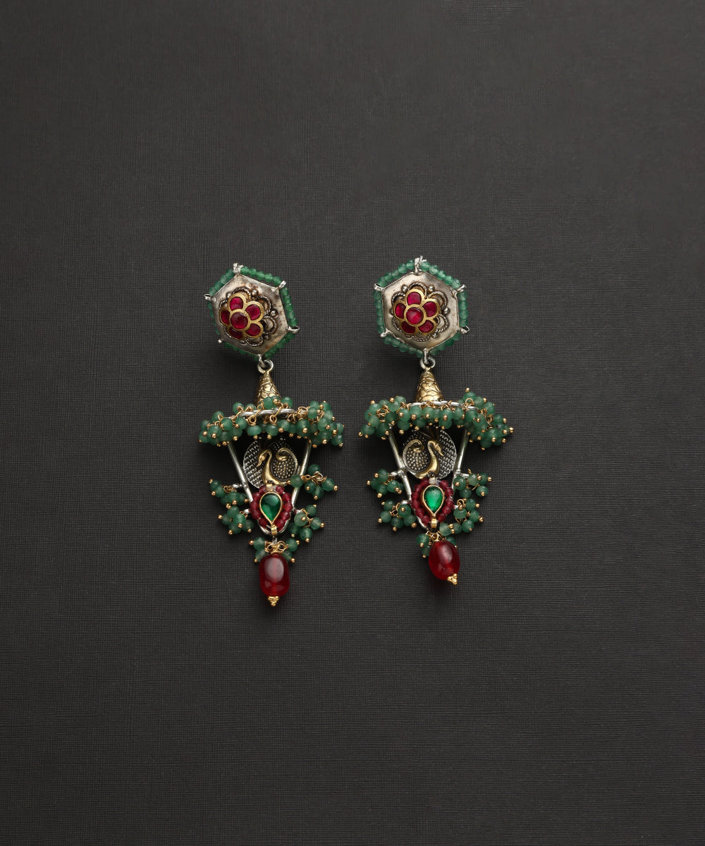 Moksh_Handcrafted_Oxidised_Pure_Silver_Kundan_Earrings_With_Green_Beads_WeaverStory_02