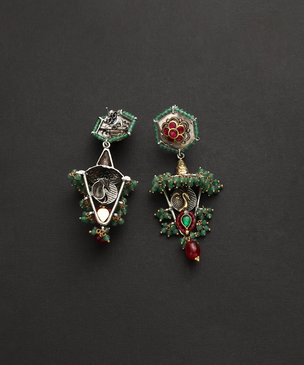 Moksh_Handcrafted_Oxidised_Pure_Silver_Kundan_Earrings_With_Green_Beads_WeaverStory_03