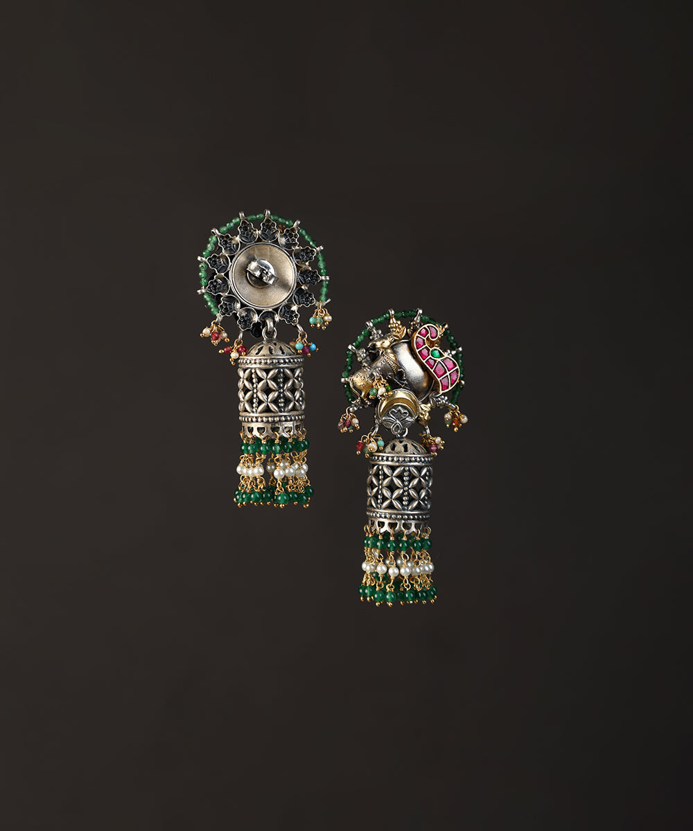 Abhimanyu_Handcrafted_Oxidised_Pure_Silver_Kundan_Earrings_With_Peacock_Motif_WeaverStory_03