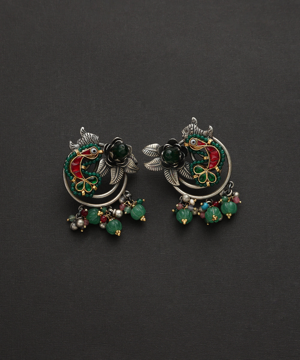 Rajan_Handcrafted_Oxidised_Pure_Silver_Kundan_Earrings_With_Fish_And_Floral_Motif_WeaverStory_02