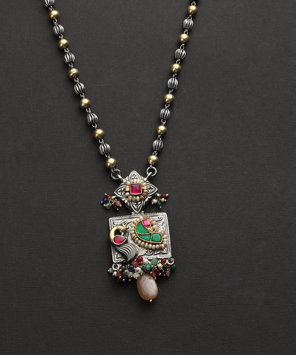 Jishnu_Handcrafted_Oxidised_Pure_Silver_Kundan_Necklace_With_Bird_Motif_WeaverStory_03