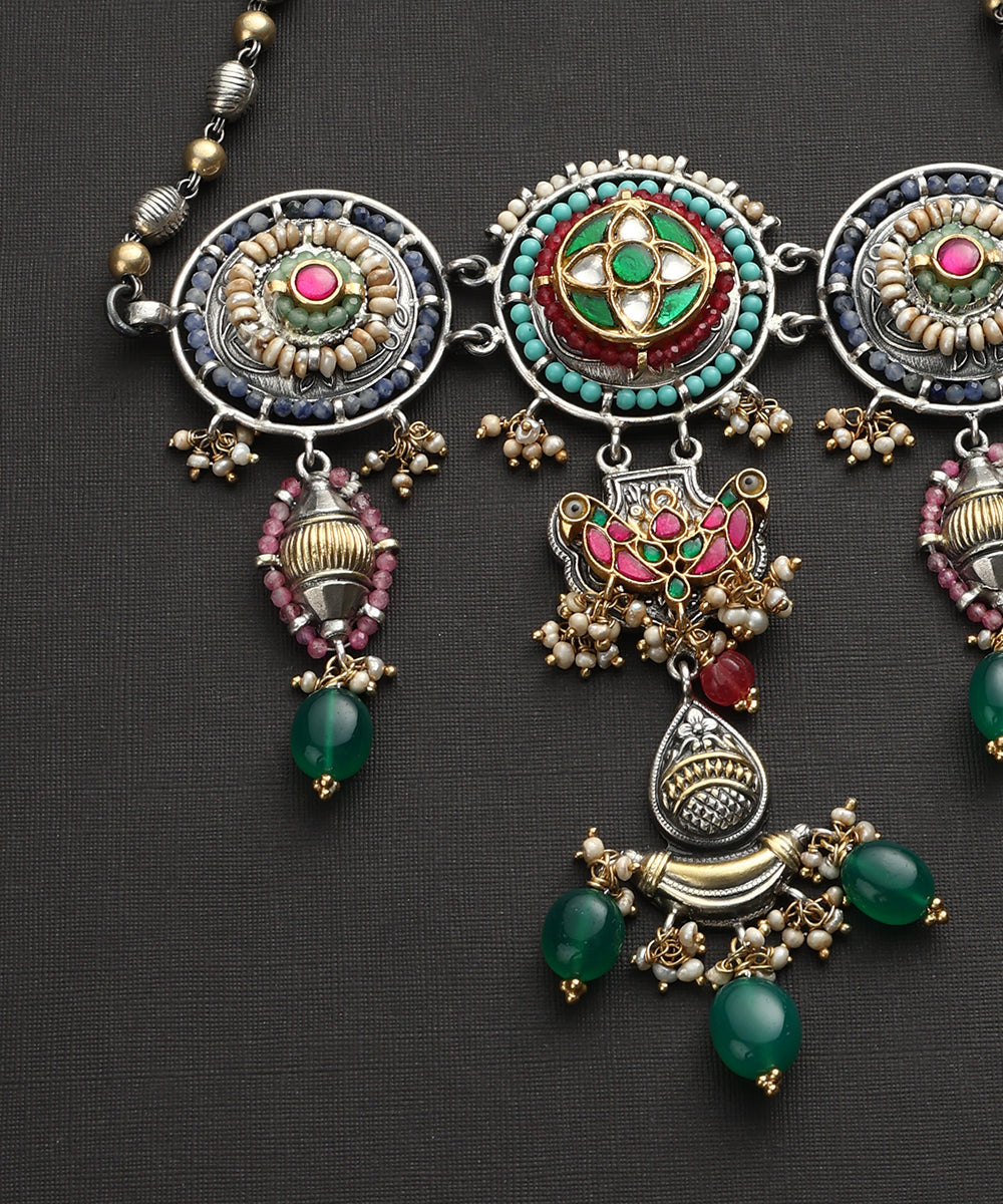 Vignesh_Handcrafted_Oxidised_Pure_Silver_Kundan_Necklace_With_Multicolor_Beads_WeaverStory_03