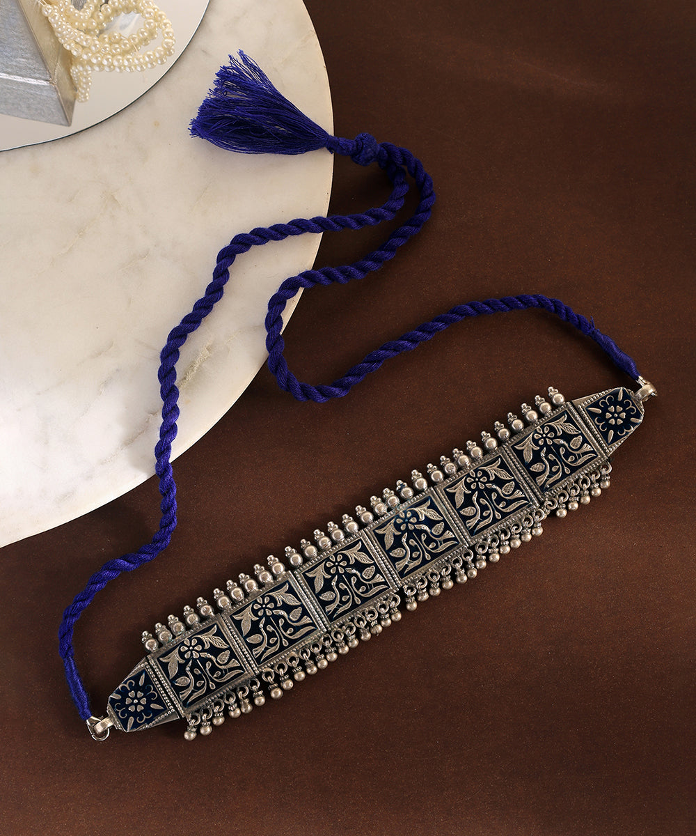 Evara_Handcrafted_Oxidised_Pure_Silver_Blue_Choker_WeaverStory_01