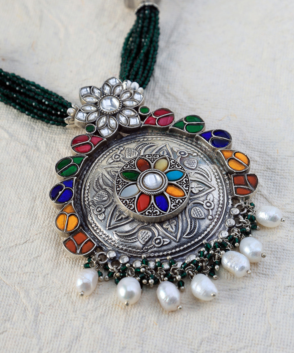 Aarshvi_Handcrafted_Oxidised_Pure_Silver_Navratana_Necklace_Set_WeaverStory_02