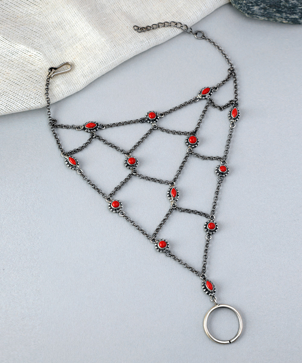 Uttama_Handcrafted_Oxidised_Pure_Silver_Bracelet_With_Coral_Semi_Precious_Stones_WeaverStory_01