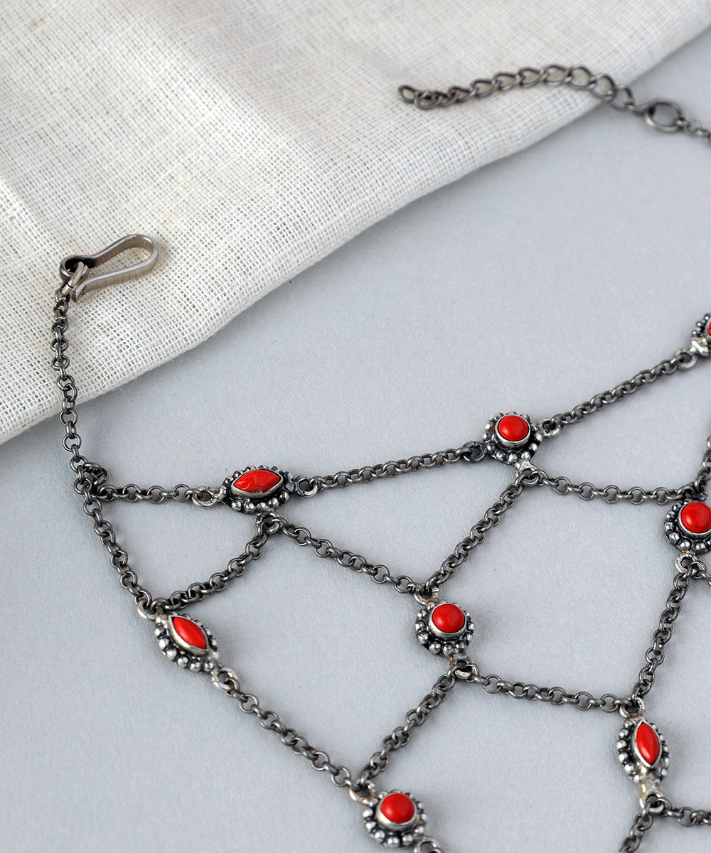 Uttama_Handcrafted_Oxidised_Pure_Silver_Bracelet_With_Coral_Semi_Precious_Stones_WeaverStory_02