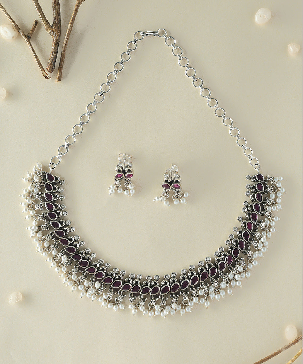 Rudrika_Handcrafted_Oxidised_Pure_Silver_Necklace_Set_With_Pearls_WeaverStory_01