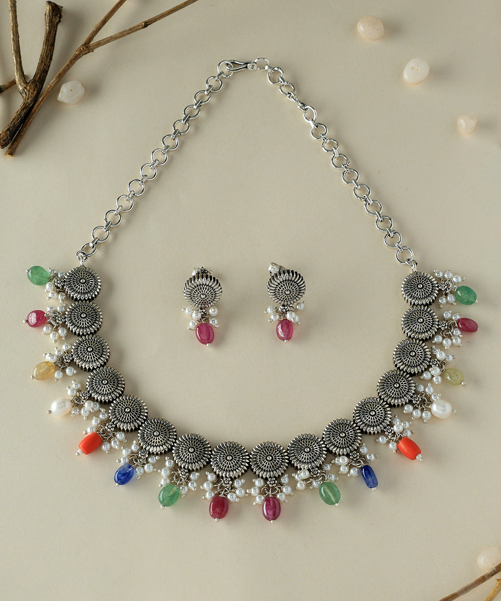 Tvarita_Handcrafted_Oxidised_Pure_Silver_Multicolor_Necklace_Set_With_Pearls_WeaverStory_01