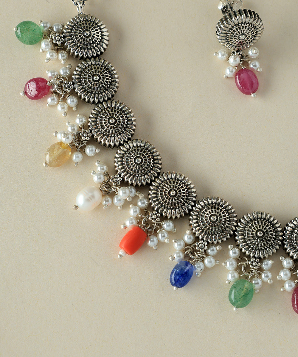 Tvarita_Handcrafted_Oxidised_Pure_Silver_Multicolor_Necklace_Set_With_Pearls_WeaverStory_03