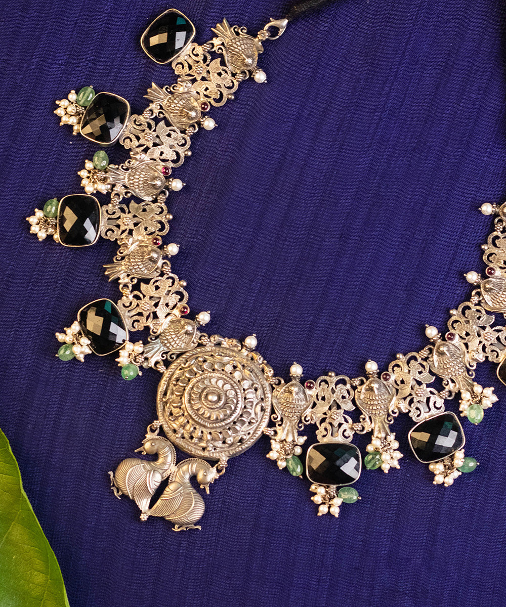 Jigya_Handcrafted_Pure_Silver_Necklace_With_Onyx_and_Pearls_WeaverStory_02