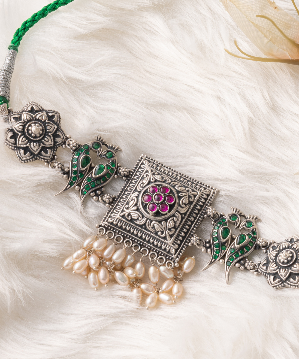 Dua_Handcrafted_Oxidised_Pure_Silver_Necklace_With_Stones_And_Pearls_WeaverStory_02