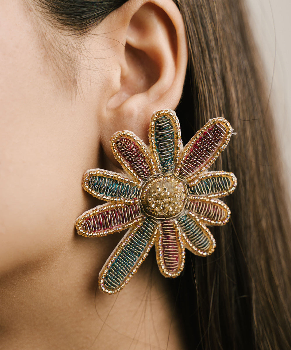 Handcrafted_Oversized_Daisy_Floral_Stud_Earrings_With_Multicolor_Zardozi_WeaverStory_02