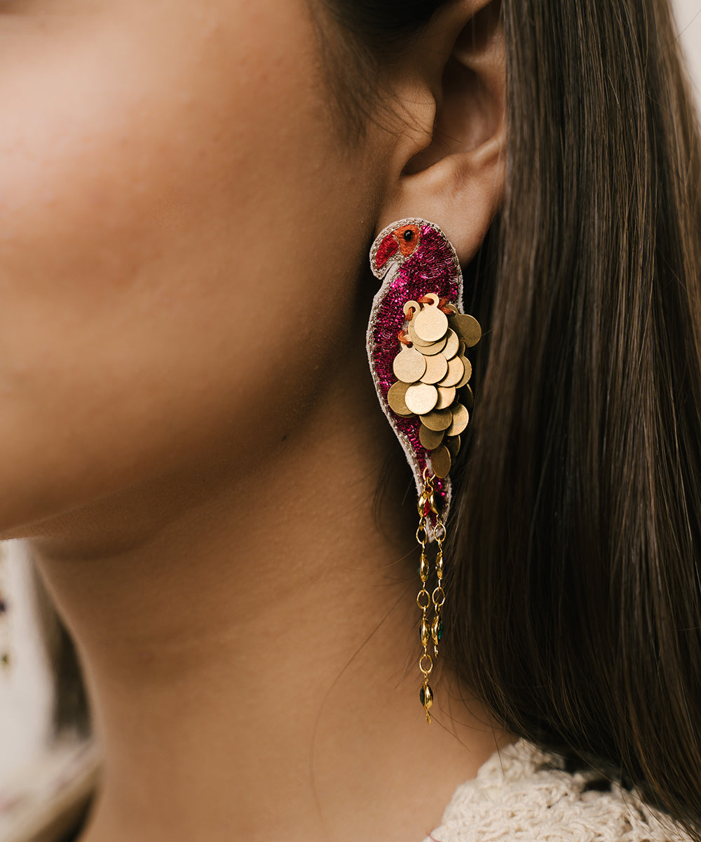 Handcrafted_Magenta_Parrot_Dangle_Earrings_With_Sequins_WeaverStory_02
