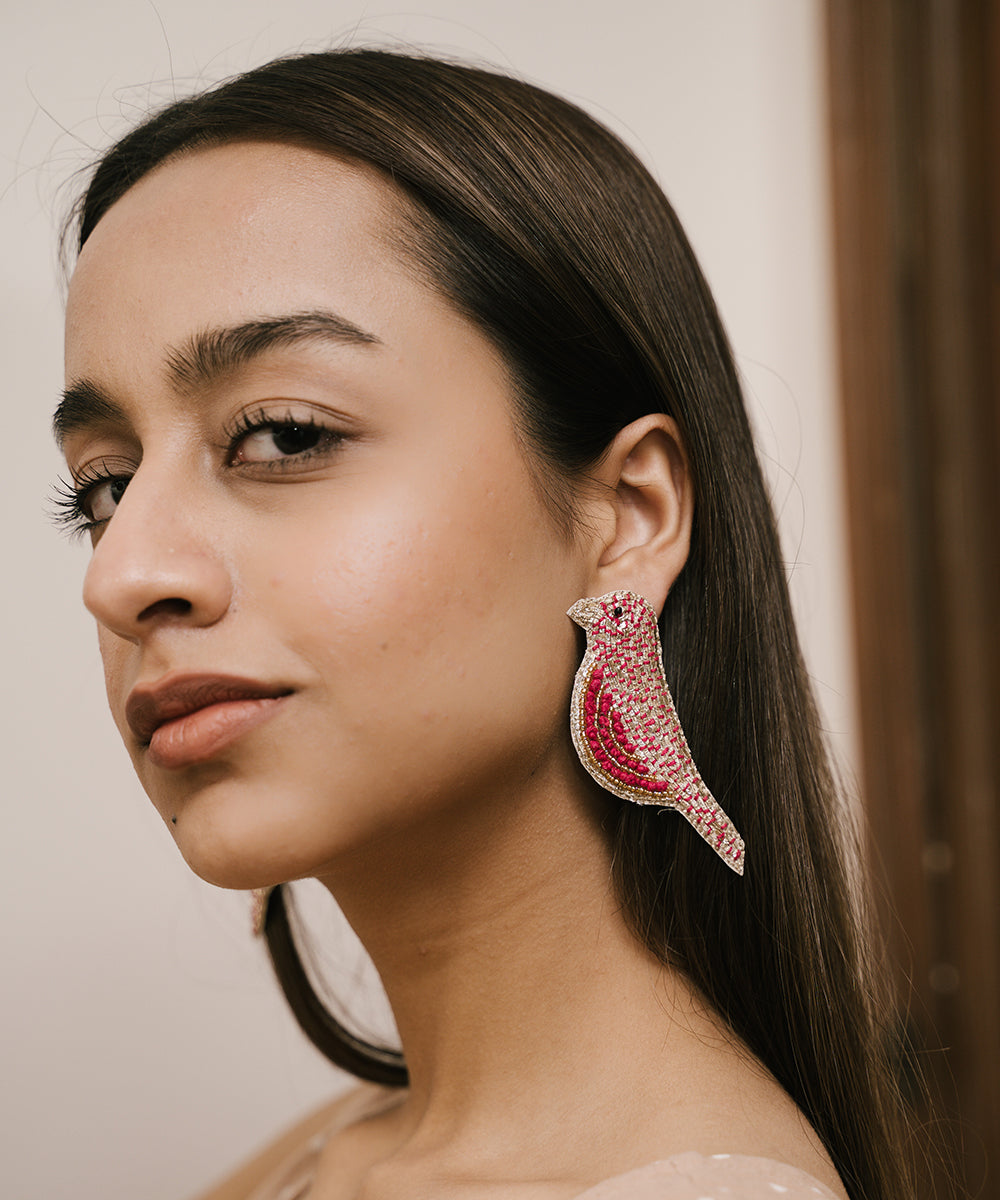 Hand-Beaded_Pink_Bird_Stud_Earrings_With_Intricate_Threadwork_WeaverStory_02