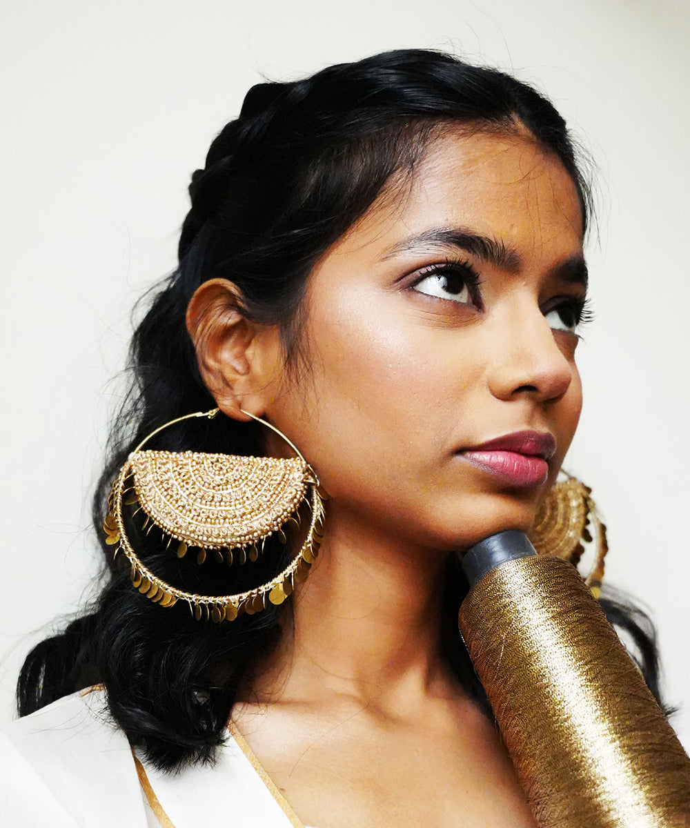 Handcrafted_Gold_Bead_&_Sequined_Crescent_Hoop_Earrings_WeaverStory_04