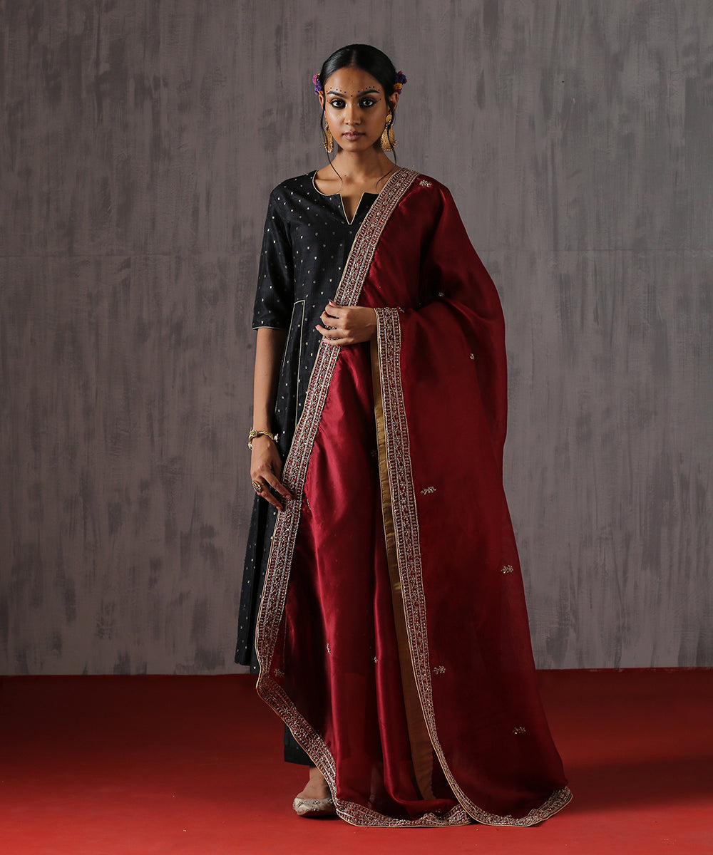 Maroon Organza Dupatta With Highway Border