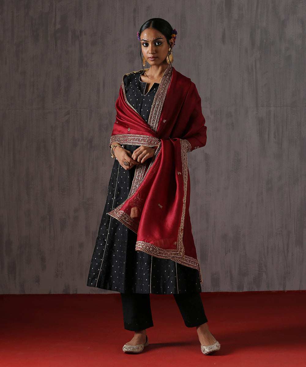 Maroon Organza Dupatta With Highway Border