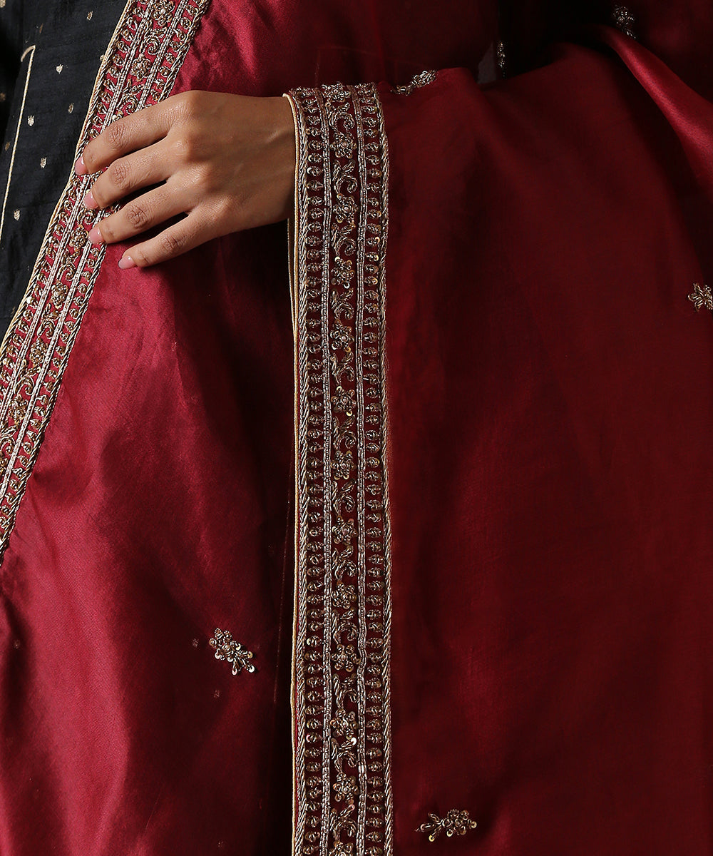 Maroon Organza Dupatta With Highway Border
