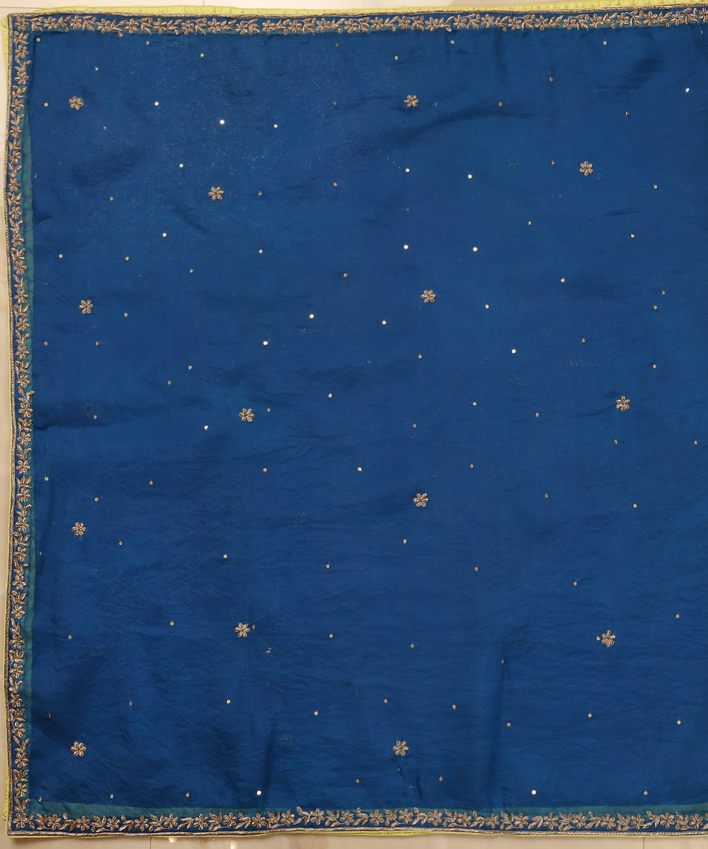 Teal_Blue_Handloom_Organza_Dupatta_With_Hand_Embroideed_Border_And_Lime_Green_Booti_Fnishing_WeaverStory_02