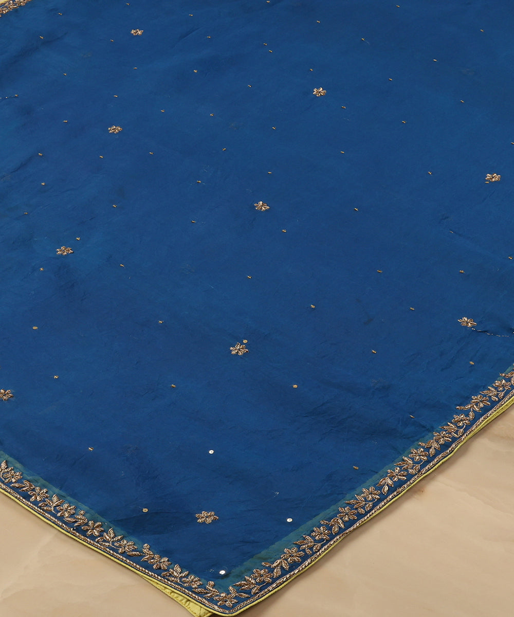 Teal_Blue_Handloom_Organza_Dupatta_With_Hand_Embroideed_Border_And_Lime_Green_Booti_Fnishing_WeaverStory_03