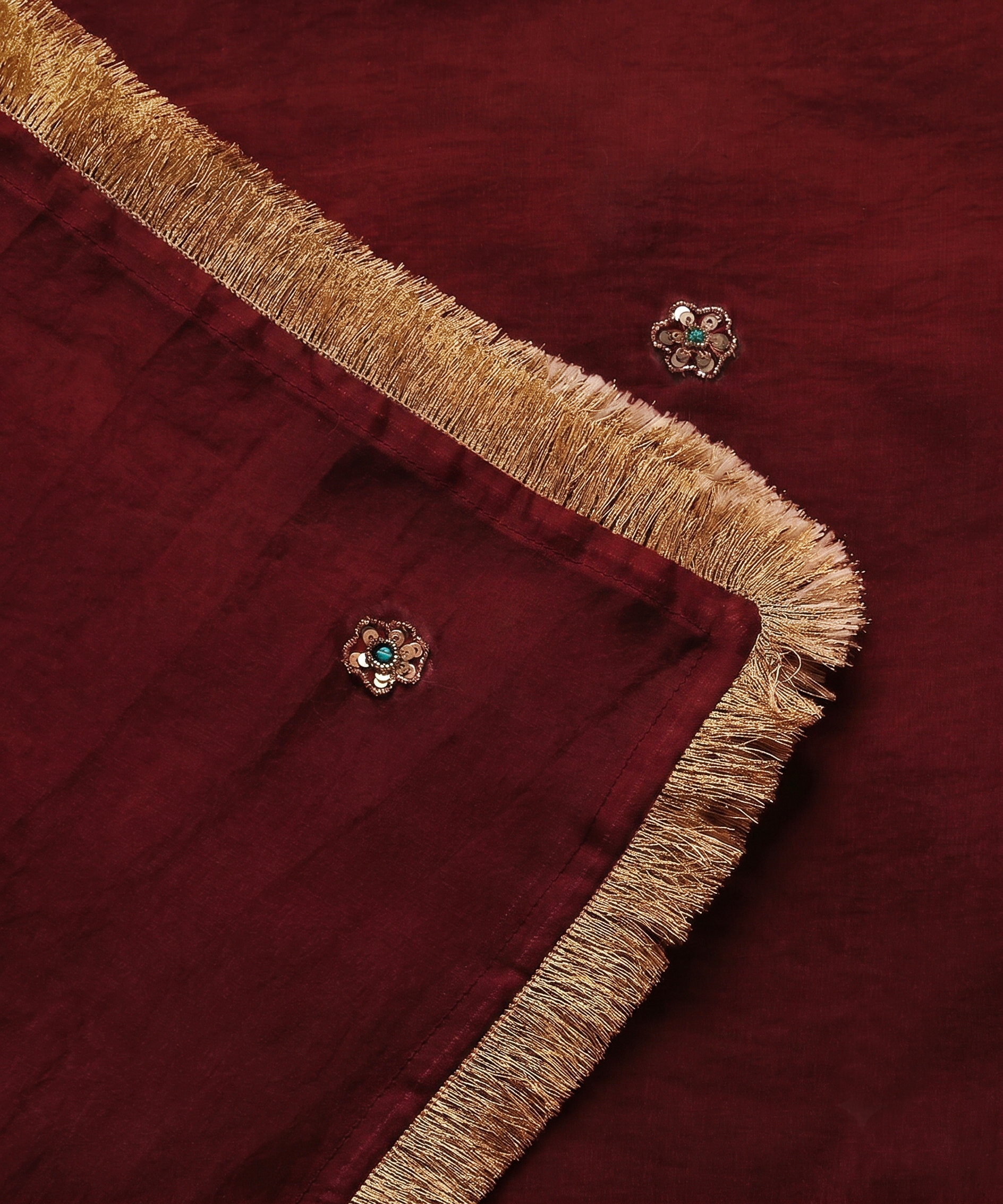 Maroon Handloom Silk Organza Dupatta with Zardozi Motifs and Kiran
