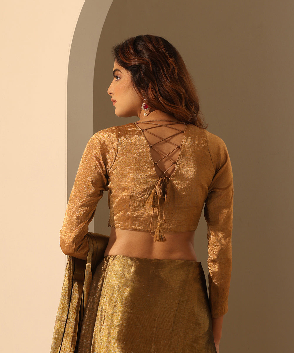 Gold Tissue Silk Blouse With Full Sleeves Blouses/ Crop Tops