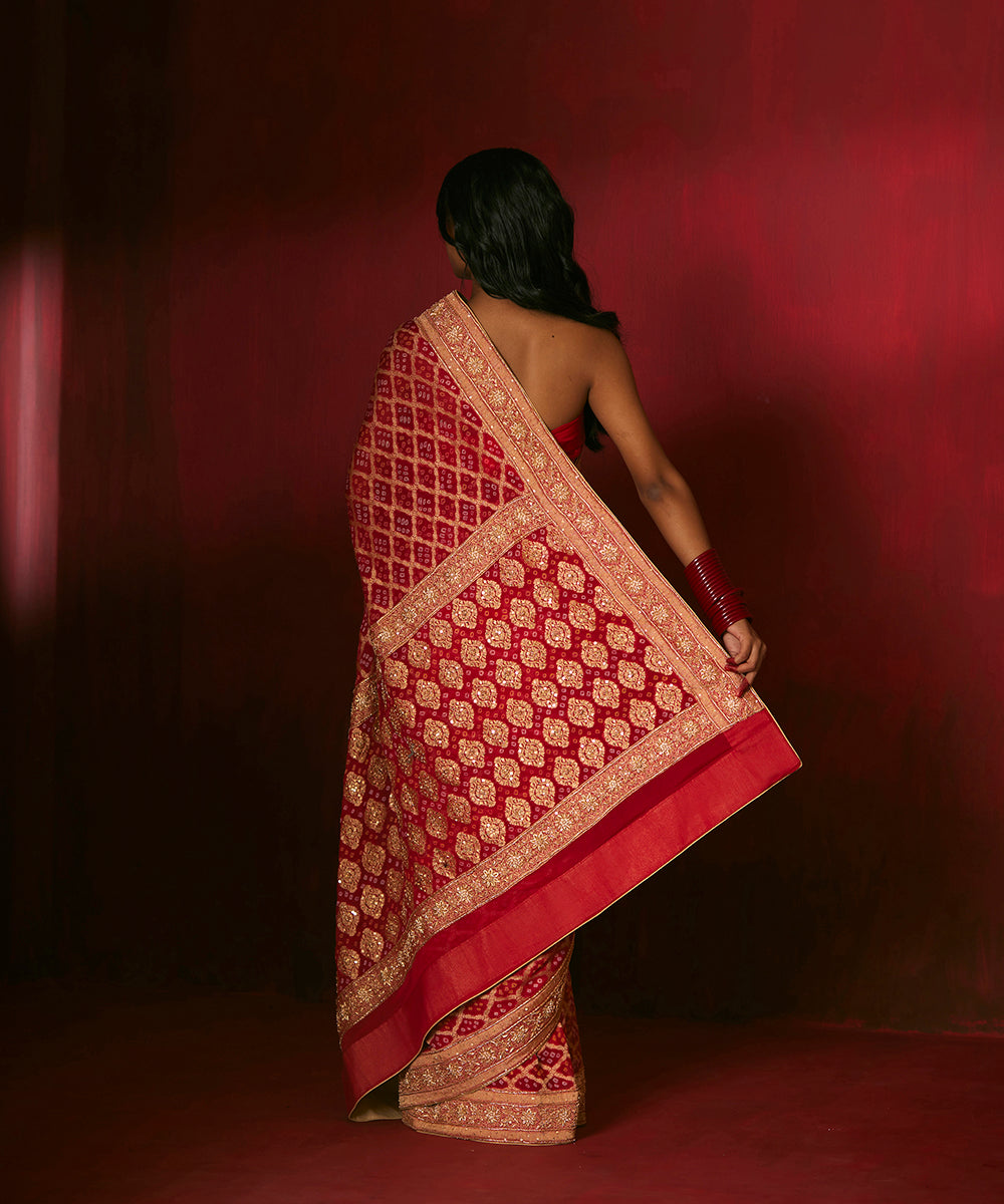 Red Handloom Pure Georgette Banarasi Bandhej Saree With Hand Embroidery