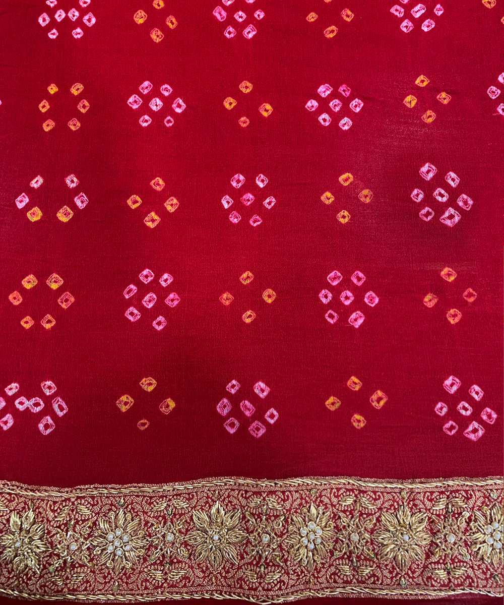 Red Handloom Pure Georgette Banarasi Bandhej Saree With Hand Embroidery