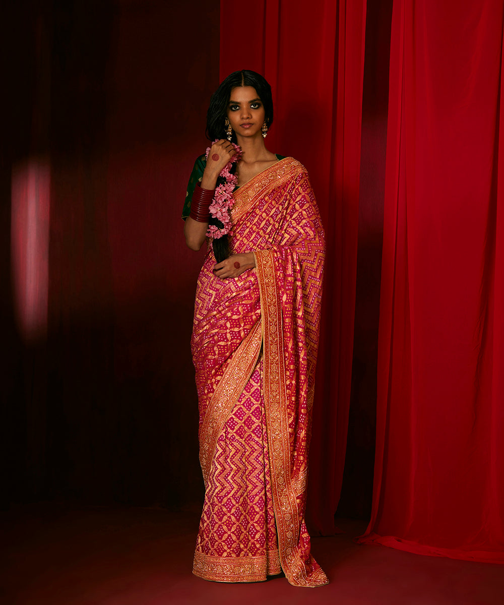Handloom Pink Pure Georgette Banarasi Bandhej Saree With Hand Embroidery