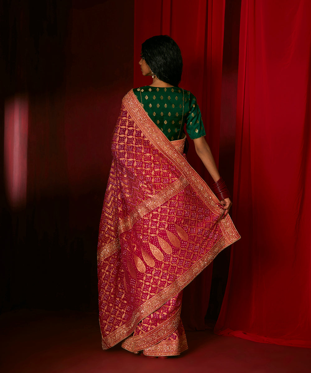 Handloom Pink Pure Georgette Banarasi Bandhej Saree With Hand Embroidery