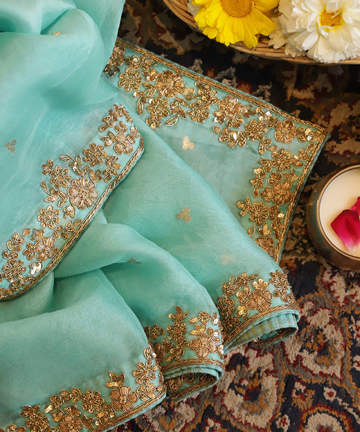 Aqua Blue Zardozi Hand Embroidered Organza Dupatta With Booti