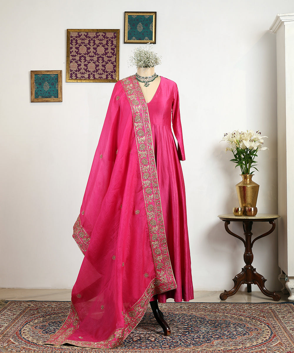 Hot_Pink_Handloom_Organza_Dupatta_With_Heavy_Double_Border_Embroidery_WeaverStory_01