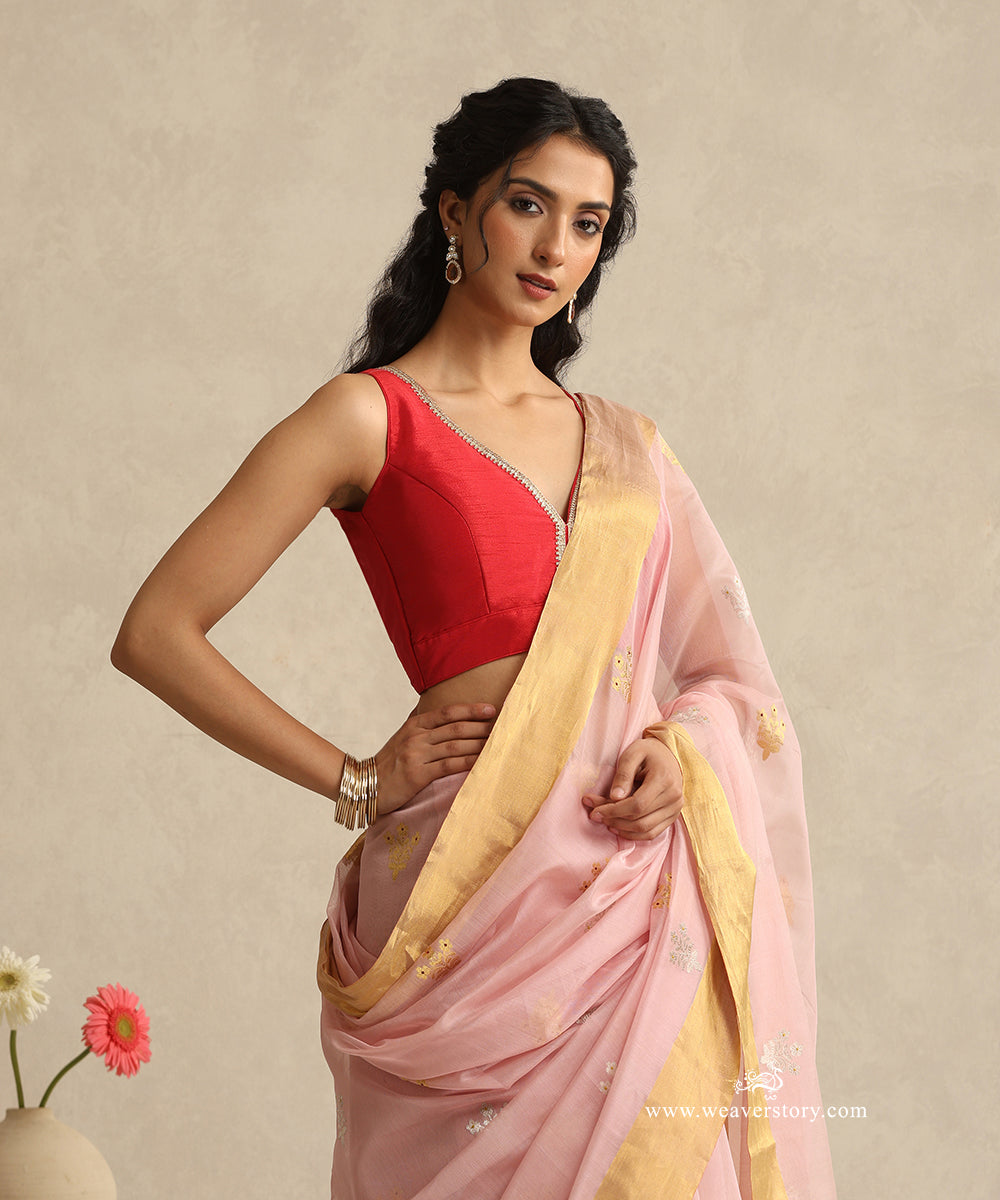 Pink_Handloom_Pure_Chanderi_Silk_V_Neck_Sleeveless_Blouse_With_Golden_Lace_Yoke_WeaverStory_02
