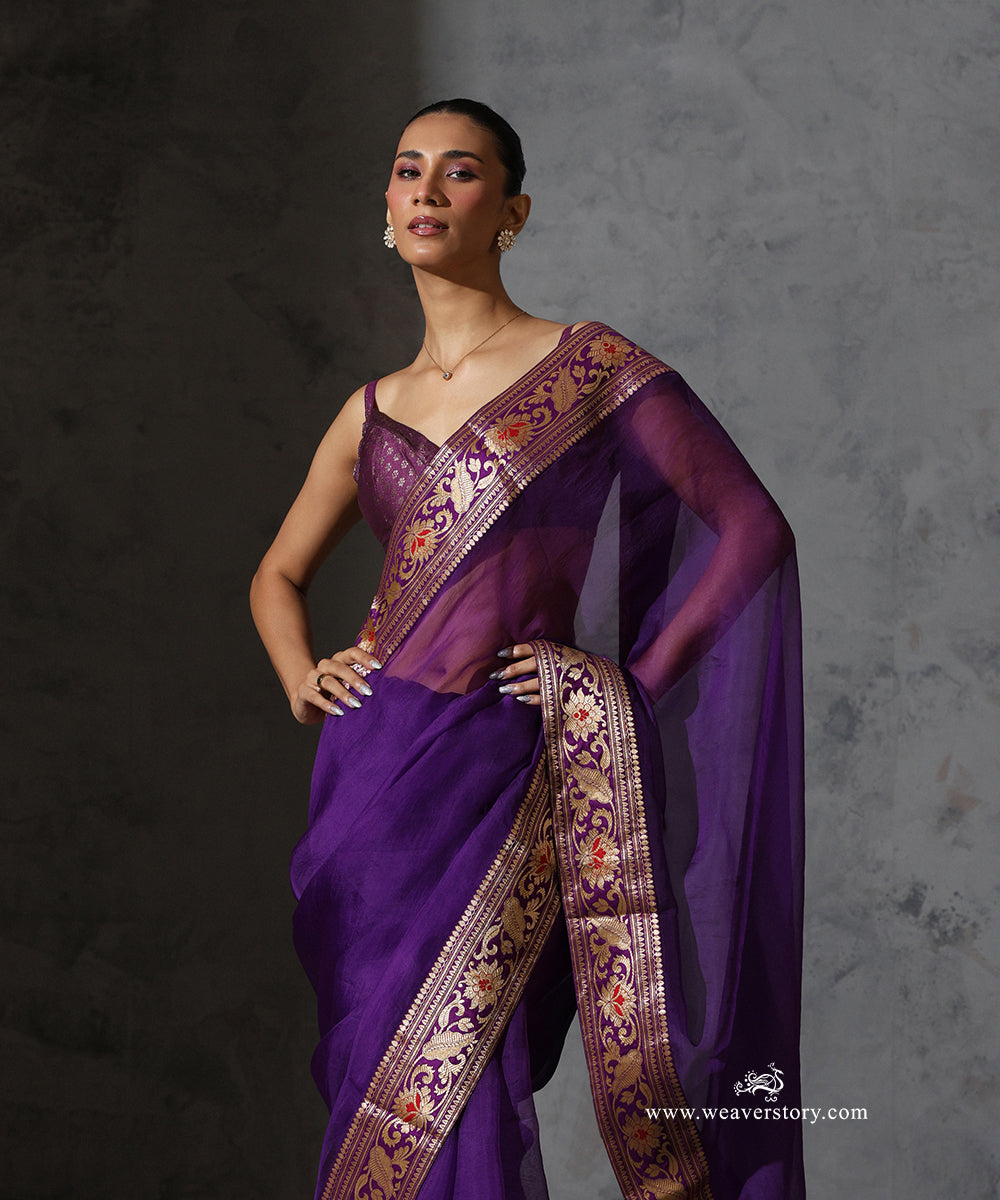 Purple_Organza_Silk_Saree_with_Vintage_Banarasi_Zari_Border_WeaverStory_01