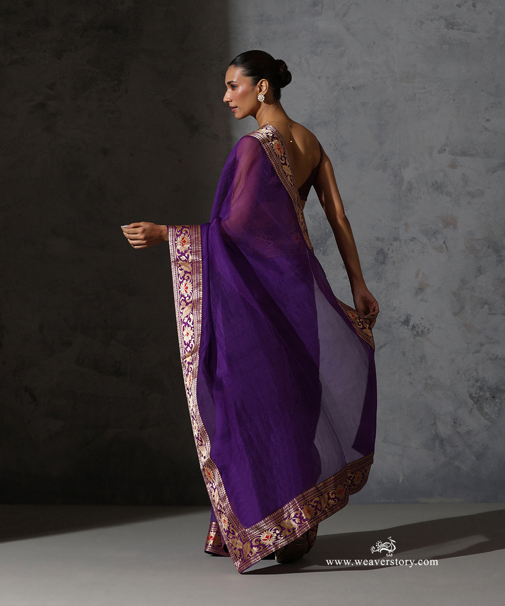 Purple_Organza_Silk_Saree_with_Vintage_Banarasi_Zari_Border_WeaverStory_03
