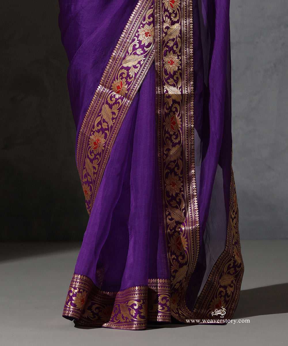 Purple_Organza_Silk_Saree_with_Vintage_Banarasi_Zari_Border_WeaverStory_04