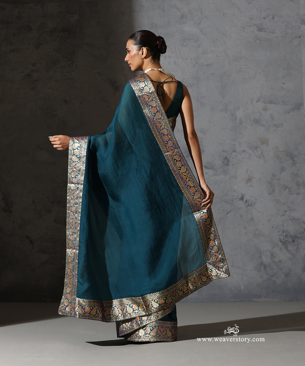 Peacock_Blue_Organza_Saree_with_Vintage_Banarasi_Zari_Border_WeaverStory_03
