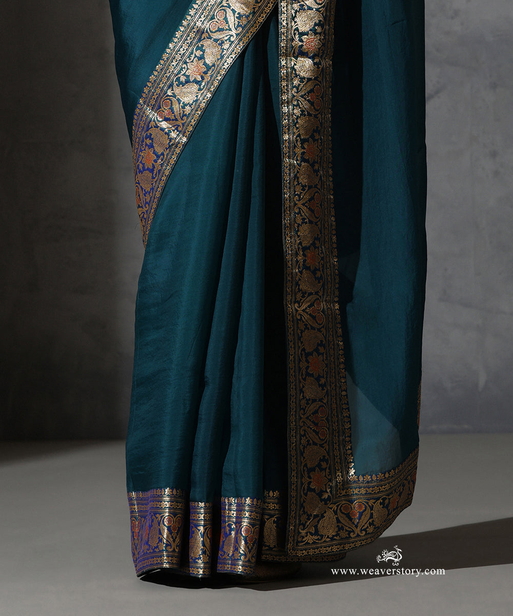 Peacock_Blue_Organza_Saree_with_Vintage_Banarasi_Zari_Border_WeaverStory_04