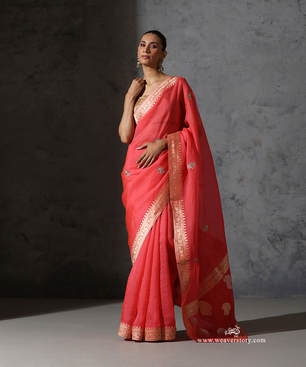 Coral pink organza saree showing the vintage Banarasi border and hand-embroidered zardozi motifs across the sheer body.