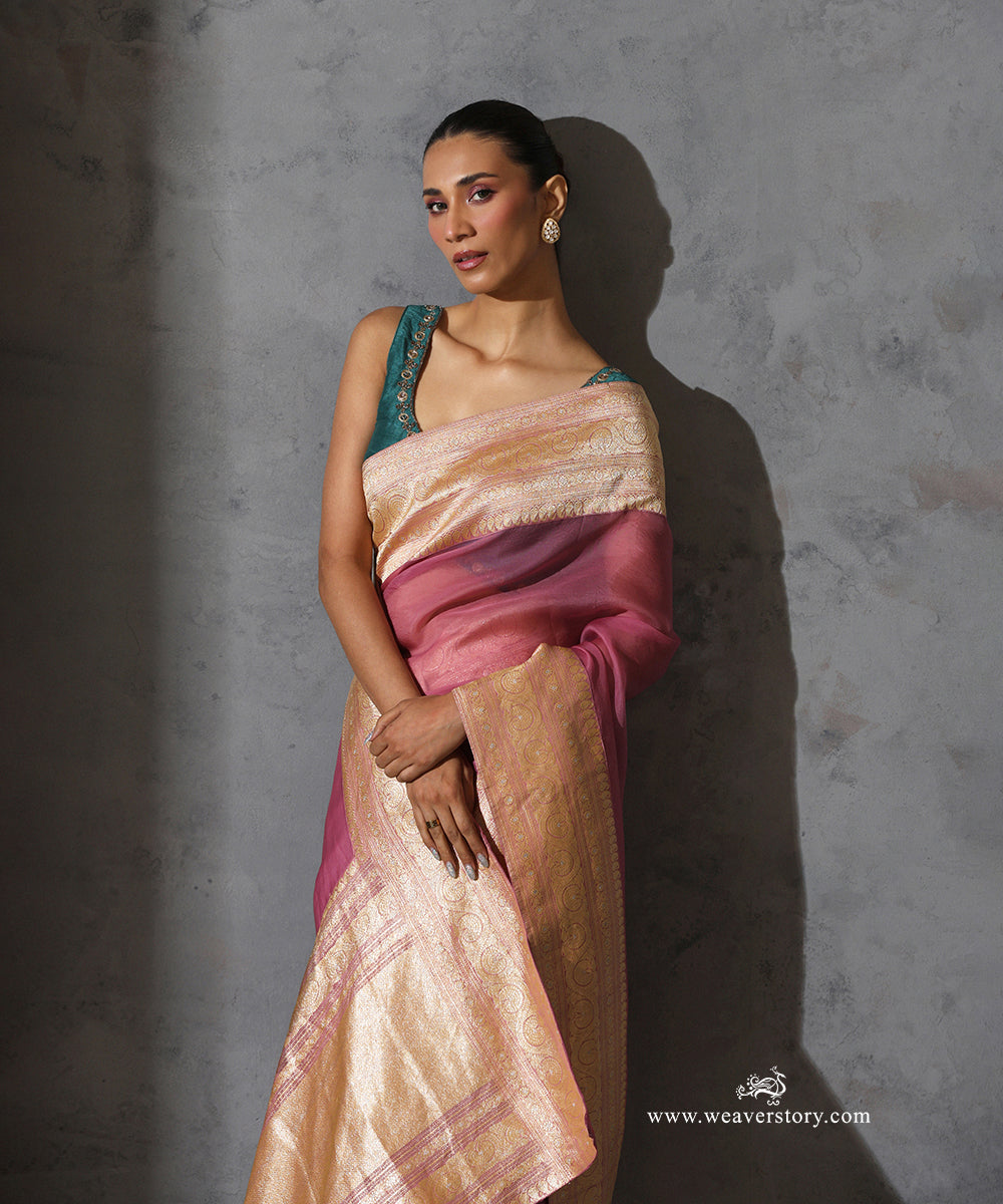 Detail of Mrignayani light pink pure silk organza saree showing the intricate vintage Banarasi gold zari paisley border and woven pallu.