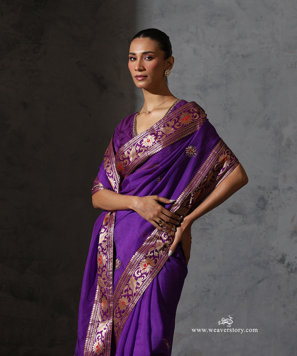 Purple_Organza_Silk_Saree_With_Vintage_Banarasi_Zari_Border_WeaverStory_01