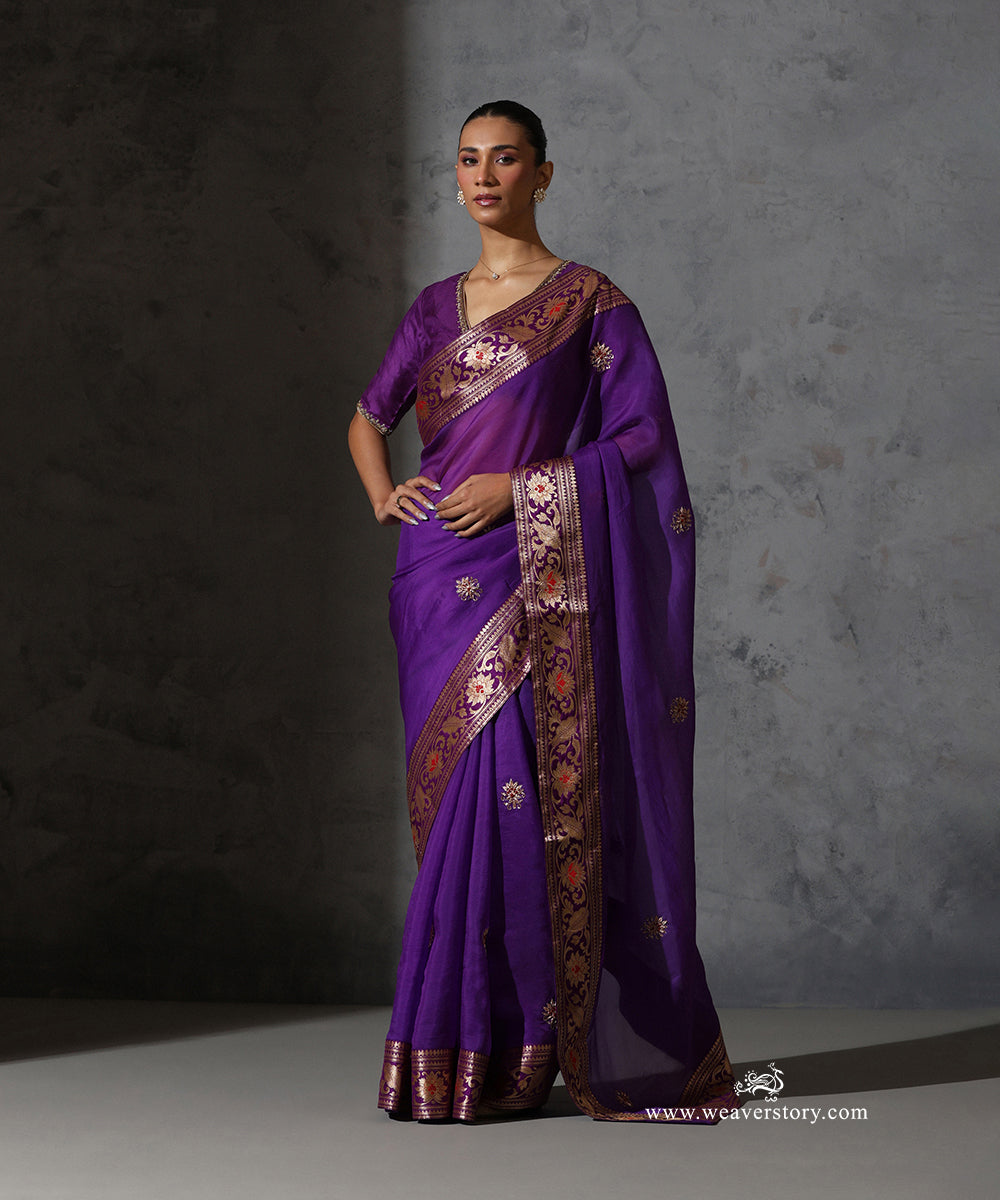 Purple_Organza_Silk_Saree_With_Vintage_Banarasi_Zari_Border_WeaverStory_02