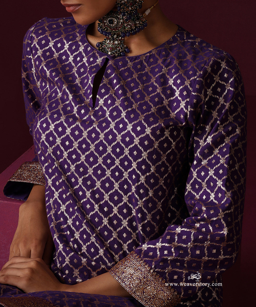 Purple Chanderi Jaal Kurta With Dhoti