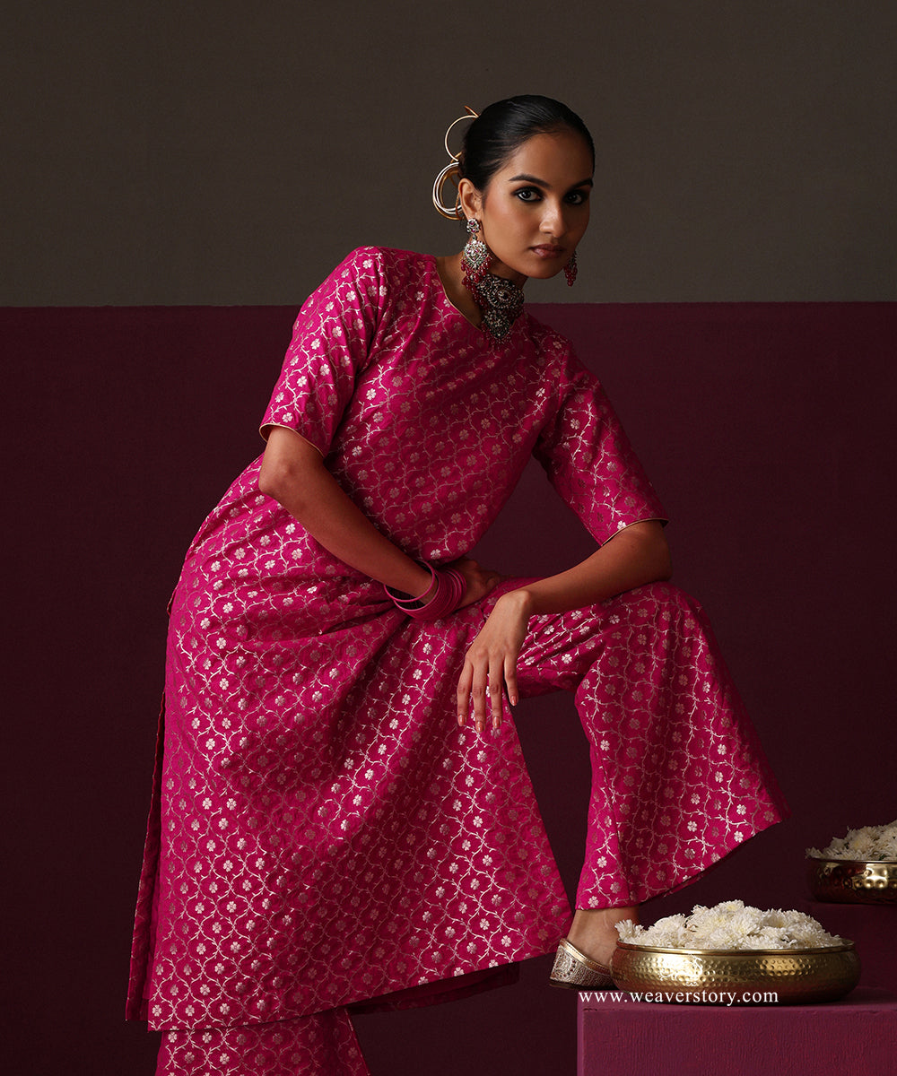 Hot Pink Jaal Chanderi Jaal Bell Bottom Suit Set