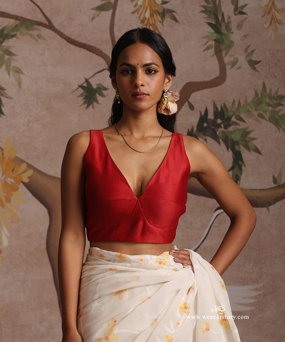 Red_Handloom_Pure_Chanderi_Silk_Sleeveless_Choli_Cut_Blouse_WeaverStory_01