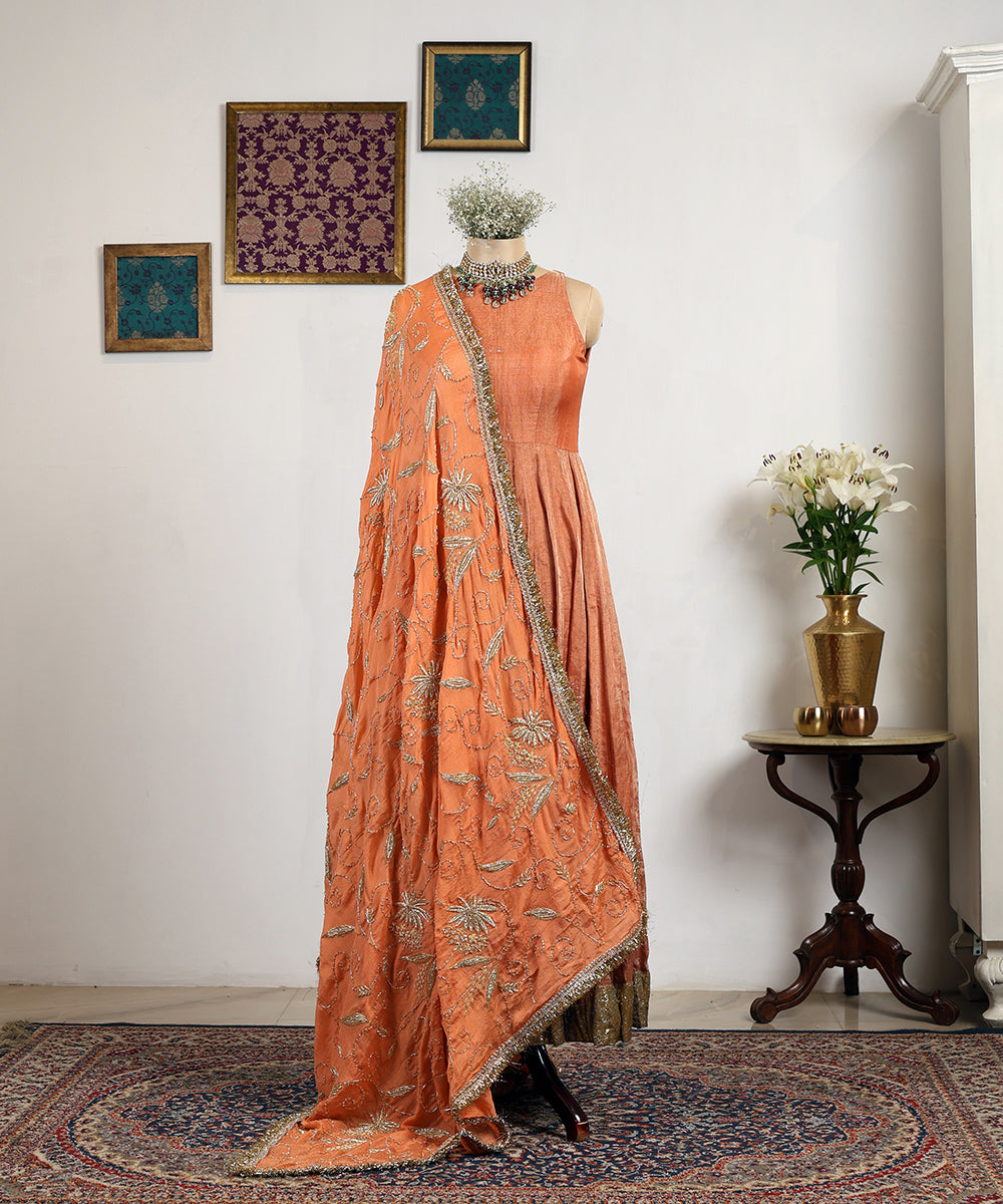 Peach_Handloom_Chiffon_Dupatta_With_Hand_Embroidery_WeaverStory_01